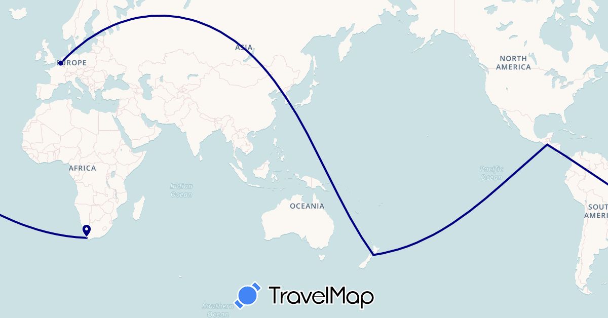 TravelMap itinerary: driving in Belgium, Guatemala, South Korea, New Zealand, South Africa (Africa, Asia, Europe, North America, Oceania)